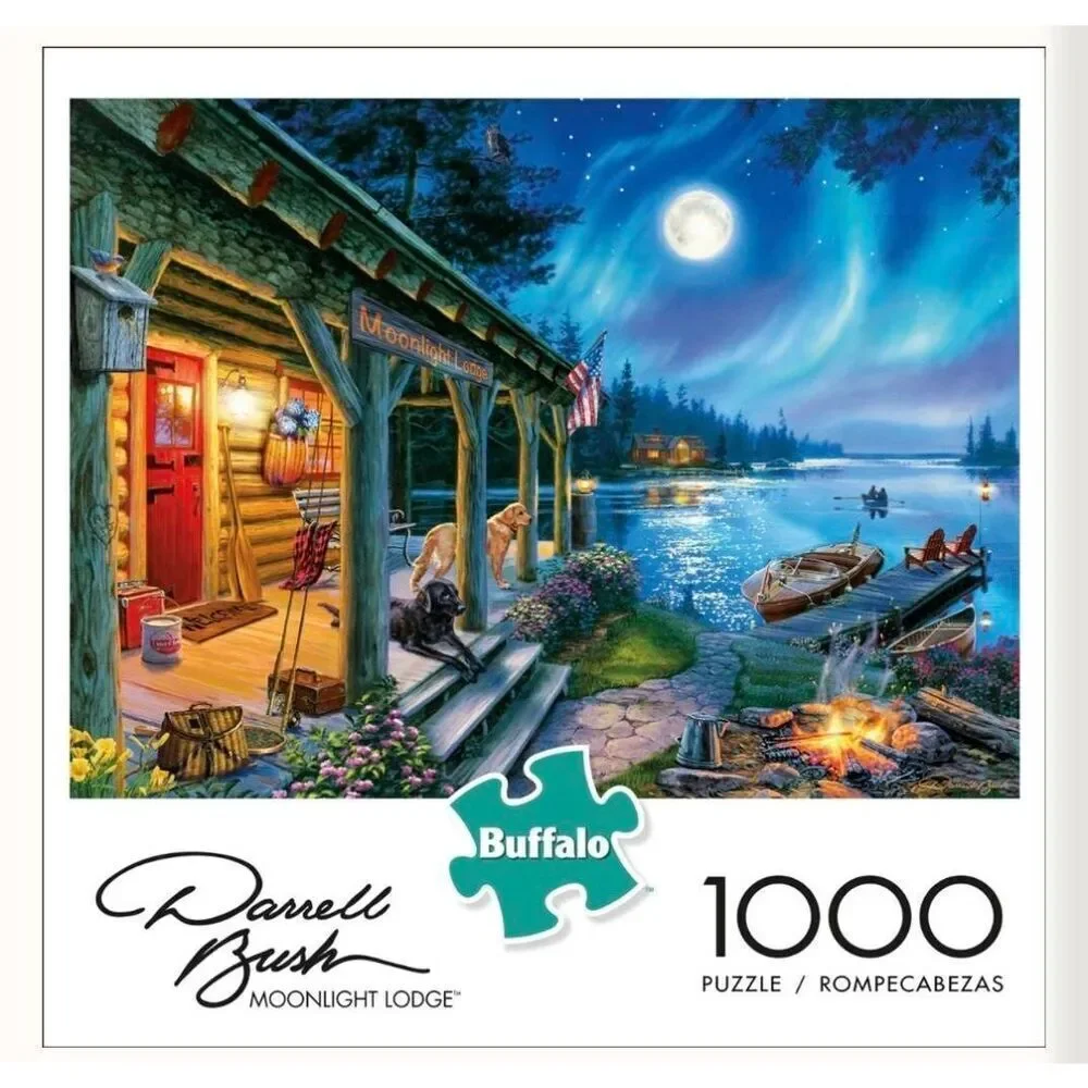 Buffalo Games Darrell Bush Moonlight Lodge 1000 pc Jigsaw Puzzle USED